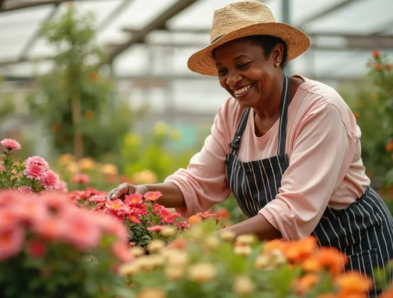 happy mature woman gardening