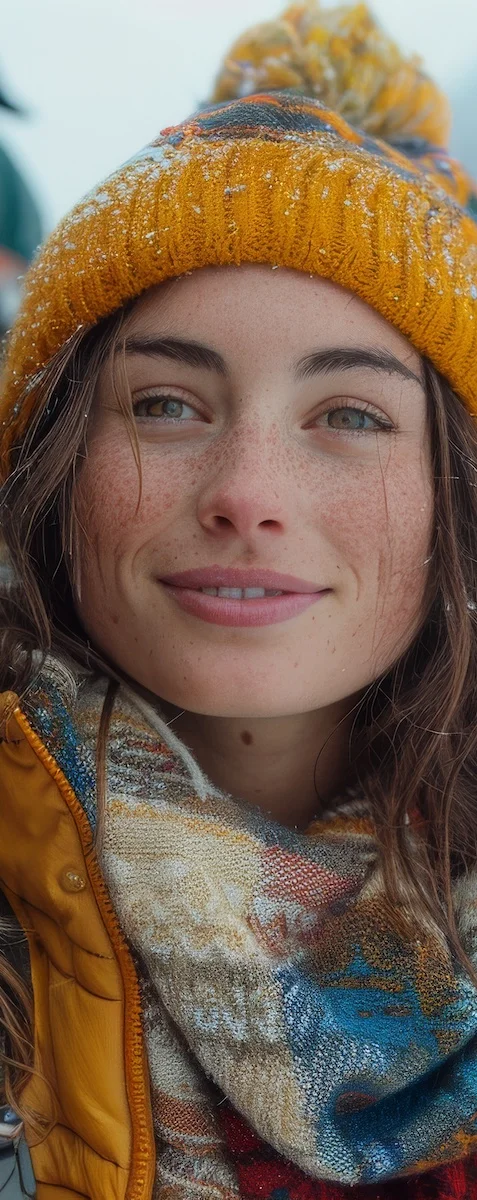 woman hiking in the snow without glasses